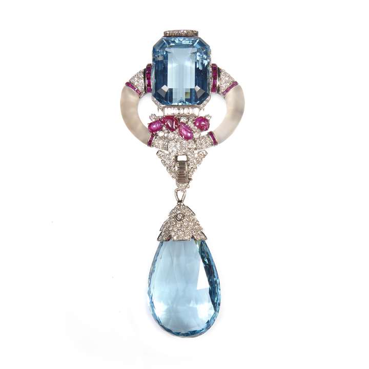 Art Deco aquamarine, ruby, diamond and crystal brooch